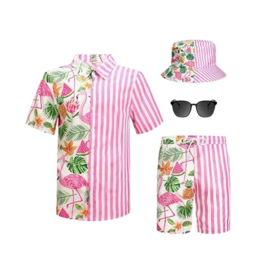 Harloon 4Pcs Men's Hawaiian Shirt & Shorts Set with Bucket Hat & Sunglasses XL